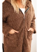 Dámský kabát Plus Size z viskózy na zip s kapucí hnědý Dámský kabát Plus Size z viskózy na zip s kapucí hnědý