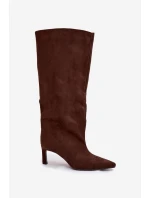 Dámské kozačky z eko semiše nazouvací na podpatku čokoládové Phelin