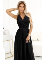 587-2 MONIQUE dlouhé exkluzivní saténové šaty s výstřihem a rozparkem na nohou - BLACK
