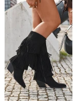 Vyhřívané Kůže Boty Kovbojky Dámské S Fringing Černé Brivina