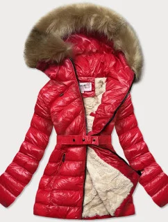Červená lesklá zimní bunda s mechovitou kožešinovou podšívkou (w674)