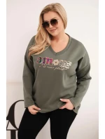 Dámská mikina Plus Size s nápisem a výstřihem do V khaki