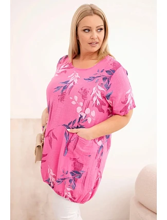 Dámská bavlněná halenka Plus Size s krátkým rukávem a vázáním na spodním lemu růžová Dámská bavlněná halenka Plus Size s krátkým rukávem a vázáním na spodním lemu růžová
