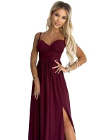 460-2 JOVITE brokátové dlouhé šaty bez ramínek s rozparkem na nohou - bordó