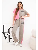Dámský komplet máslový s oversize mikinou a širokými kalhotami růžový + fango