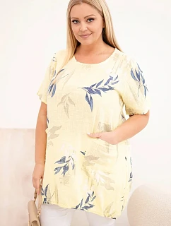 Dámská bavlněná halenka Plus Size s krátkým rukávem a vázáním dole žlutá