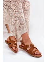 Dámské Sandály Na Plochém Podpatku Se Zlatými Hřeby Karamel Zanira