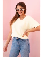 Dámský svetr z měkkého vlákna s V výstřihem krátký rukáv žlutý