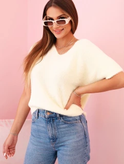 Dámský svetr z měkkého vlákna s V výstřihem krátký rukáv žlutý