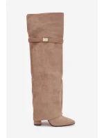 Dámské zateplené kozačky nad kolena s vyhrnutou holení a podpatkem Serelle – béžové, eko semiš Dámské zateplené kozačky nad kolena s vyhrnutou holení a podpatkem Serelle – béžové, eko semiš