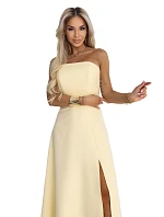 663-3 ELARA korzetové maxi šaty s rozparkem a zavazováním na zádech - máslově žluté