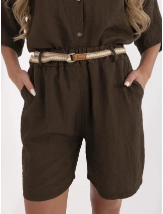 Tmavě hnědé dámské kraťasy s přídavkem lnu (6620)