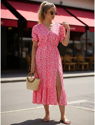 Dámské midi šaty s květinovým vzorem v růžové barvě FashionStreet EY2658 Dámské midi šaty s květinovým vzorem v růžové barvě FashionStreet EY2658
