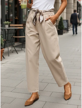 Dámské kalhoty s vysokým pasem a záševky v tmavě béžové barvě FashionStreet UY2902