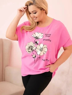 Dámská blůza Plus Size z viskózy s květinovým potiskem a nápisem růžová