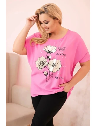 Dámská blůza Plus Size z viskózy s květinovým potiskem a nápisem růžová