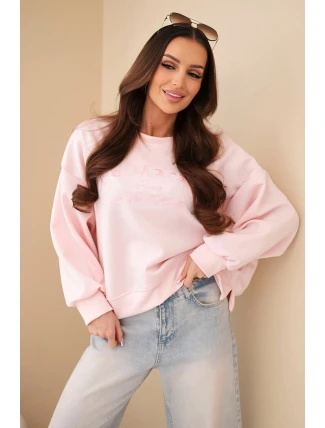 Dámská mikina s výšivkou volného střihu máslová cukrová růžová