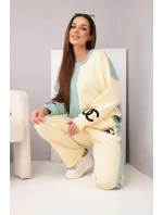 Dámský teplákový komplet Masełko dvoubarevný s oversized mikinou a rovnými kalhotami tmavě mátová+žlutá