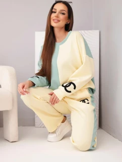 Dámský teplákový komplet Masełko dvoubarevný s oversized mikinou a rovnými kalhotami tmavě mátová+žlutá