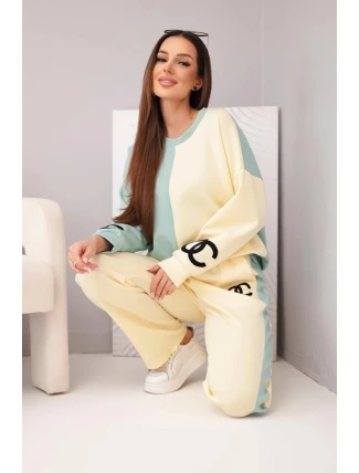 Dámský teplákový komplet Masełko dvoubarevný s oversized mikinou a rovnými kalhotami tmavě mátová+žlutá