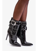 Zdobené Kotníkové Boty Z Lakované Eko Kůže Na Jehlovém Podpatku Černé Zdobené Kotníkové Boty Z Lakované Eko Kůže Na Jehlovém Podpatku Černé