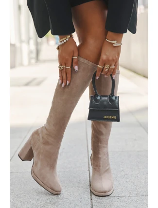 Dámské kozačky s prošitím na sloupkovém podpatku béžové Brivana