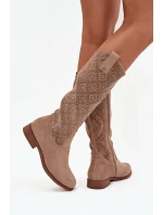 Dámské prolamované kozačky na plochém podpatku S.Barski – béžové