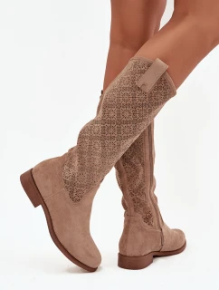 Dámské prolamované kozačky na plochém podpatku S.Barski – béžové