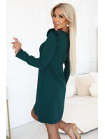 264-2 NELL Elegantní trapézové šaty s volánky na ramenou - lahvově zelené