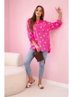 Lněná dámská halenka s květinovým vzorem, dlouhými rukávy a knoflíky Růžová