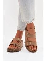 Dámské pantofle na korkové platformě se zlatými sponami tmavě béžové Tovessa