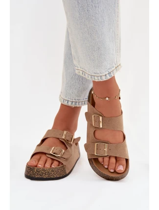 Dámské pantofle na korkové platformě se zlatými sponami tmavě béžové Tovessa