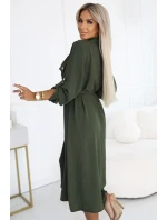 531-5 Midi košilka se zlatými knoflíky a vázáním - KHAKI 531-5 Midi košilka se zlatými knoflíky a vázáním - KHAKI