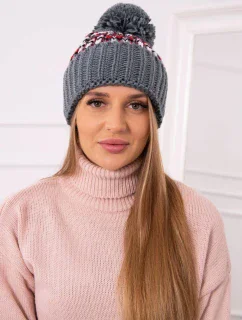 Dámská čepice Ellen s bambulí K325 tmavě šedá+červená