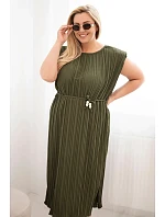 Dámské viskózové plisované šaty Plus Size s vázáním khaki