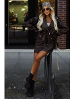 626-4 Bunda z měkké ekokůže ramon s páskem a asymetrickým zipem - hnědá