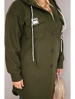 Dámský kabát Plus Size s kapucí zapínaný na knoflíky khaki