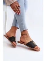 Ploché dámské žabky s pletením a ozdobou černé Omenna