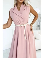596-6 Elegantní midi košile se zlatými knoflíky a páskem – pudrově růžová