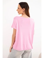 Dámská oversize halenka z viskózy s krátkým rukávem a kulatým výstřihem cukrově růžová