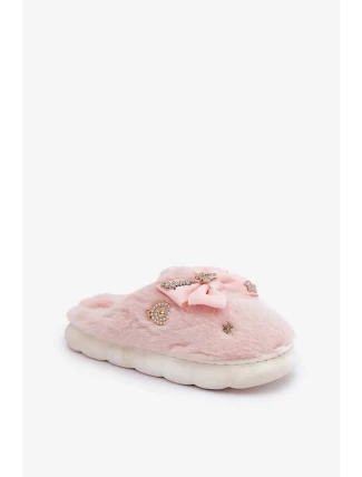Futrzané Pantofle S Mašlí A Brožemi Růžové Annalira