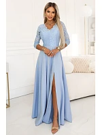 309-15 AMBER elegantní dlouhé krajkové šaty s výstřihem - modré