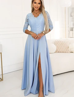 309-15 AMBER elegantní dlouhé krajkové šaty s výstřihem - modré