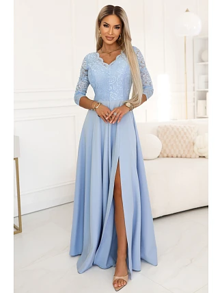 309-15 AMBER elegantní dlouhé krajkové šaty s výstřihem - modré