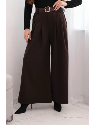 Dámské kalhoty s širokou nohavicí a páskem hnědé