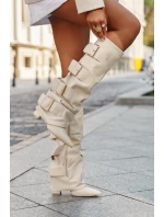 Dámské kozačky na sloupkovém podpatku s ohrnovaným svrškem a zlatými přezkami Isavelle – světle béžové