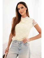 Dámská viskózová krajková halenka s krátkým rukávem a polorolákem žlutá