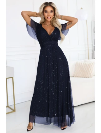 635-3 MELANIA dlouhé lesklé šaty s výstřihem a krátkými rukávy - tmavě modré 635-3 MELANIA dlouhé lesklé šaty s výstřihem a krátkými rukávy - tmavě modré