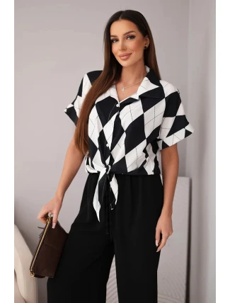 Dámský komplet viskózová košile s vázáním a kalhoty s gumou černý