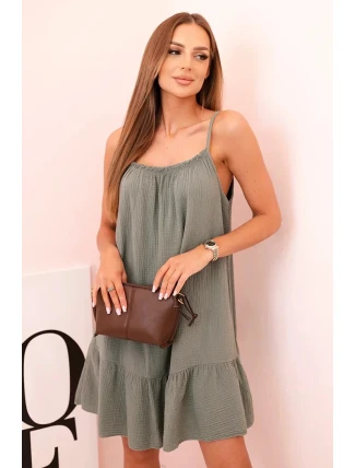 Dámské mušelínové šaty s ramínky a volánem khaki